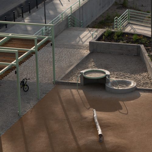 An image with the concrete sand-table and the sand pit on the Danube shore.